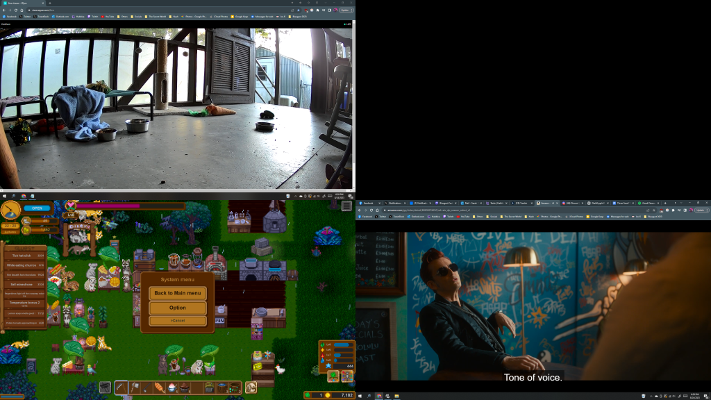 Screenshot of multiple monitors. Upper left is a porch with cat toys, lower left is the game World End Diner, lower right is the movie Good Omens 2. Upper right is blank, I only have 3 monitors.