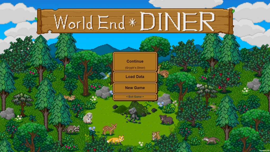 World End Diner title screen. Various forest animals are in a clearing, surrounding what appears to be a broken robot. The game is 2D pixel art in design.